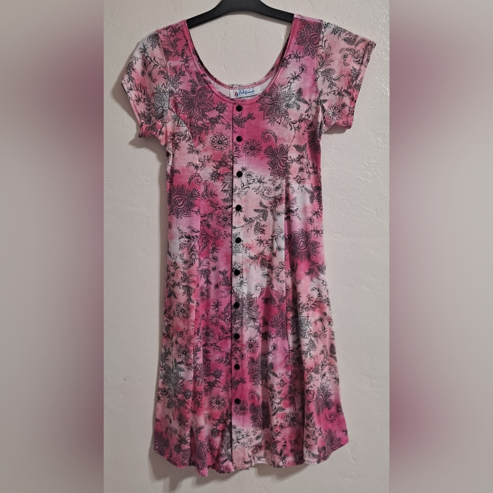 Floral Paisley Faux Button-Down Midi Dress in Pink and Black By California USA